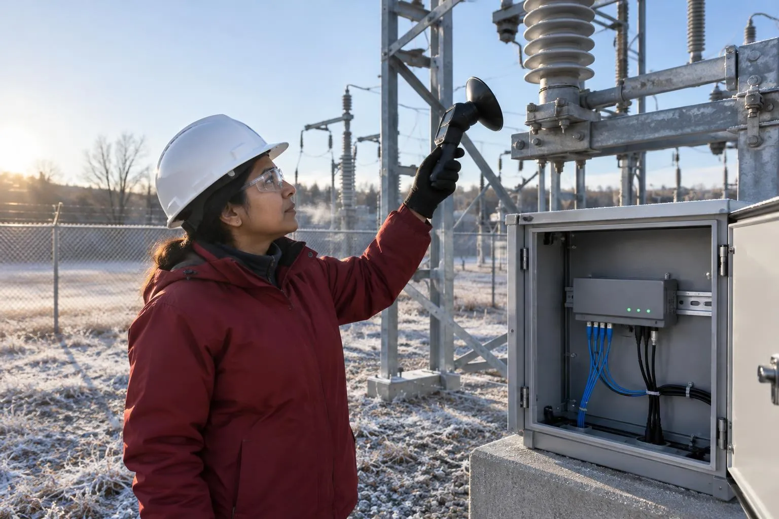 Consultant aims a handheld ultrasonic detector at a substation insulator beside an open cabinet holding a small edge gateway.